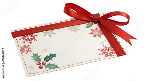 Blank Christmas gift card with red ribbon isolated on a transparent background 