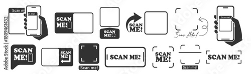 QR code set for smartphone scan me icons, barcode payment elements and mobile app design on transparent background
