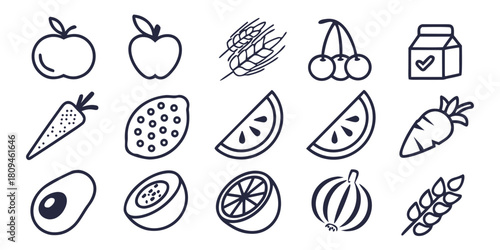 A collection of simple line art icons representing various fruits, vegetables, and dairy products.