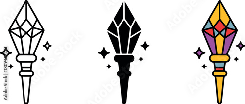 Mystical crystal wands shining brightly with magical essence fantasy illustration graphic design elements