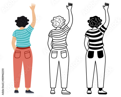 Young woman raising her hands flat vector illustration