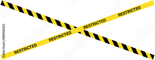 Two crossing restricted tapes with yellow and black stripes on a white background diagonally placed, caution tape