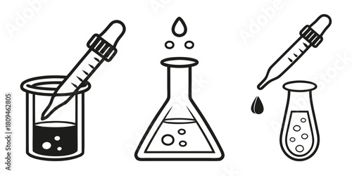 Laboratory equipment including a beaker, flask, and test tube with droppers and bubbling liquids.