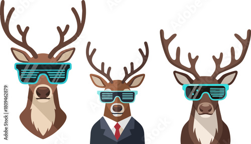Three cool deer wearing sunglasses stand together in a fun and playful design
