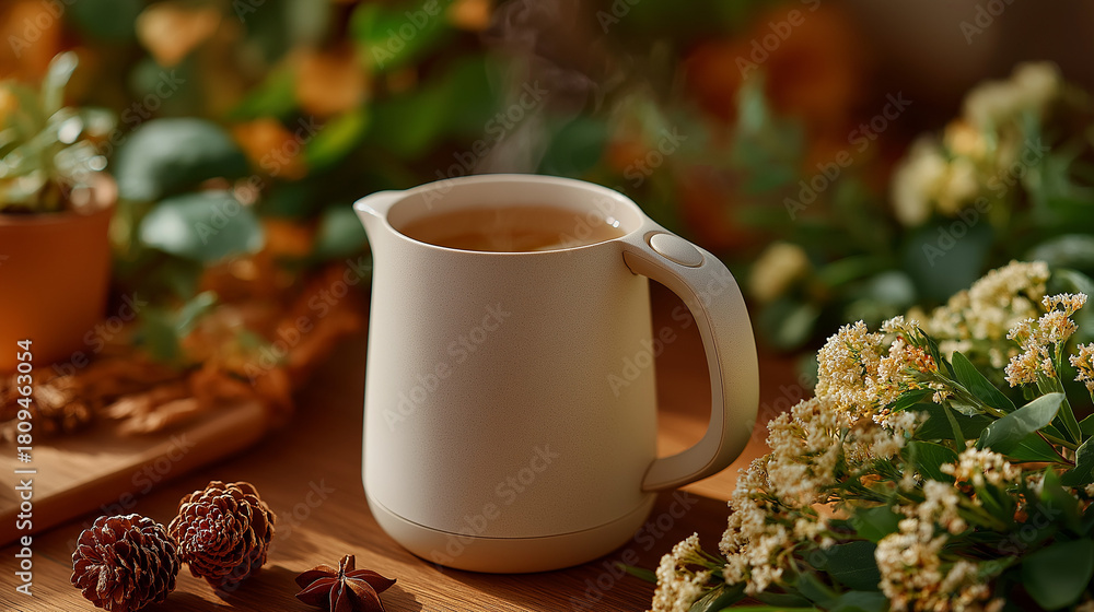 custom made wallpaper toronto digitalSteaming Tea Delight: A ceramic mug holds a warm drink, steam rising gently amidst an inviting arrangement of blooms and greenery, evokes a sense of calm.