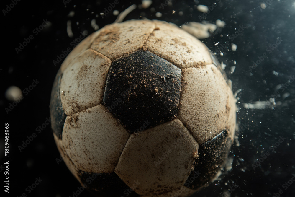 Fototapeta premium Close-up of a dirty soccer ball in motion against a dark background. the raw energy and grit of a soccer ball mid-action, showcasing its well-worn texture.
