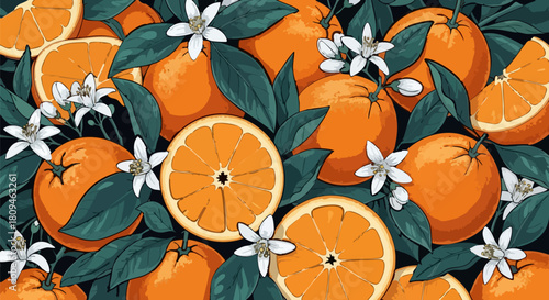 Vibrant oranges with blossoms and leaves create a refreshing citrus fruit pattern