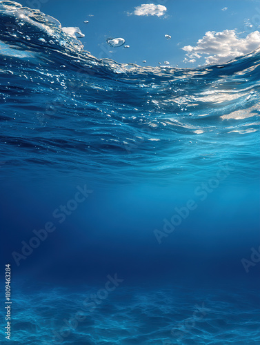 Underwater Ocean Scene With Clear Blue Water and Sunlight Glimmering Through Waves