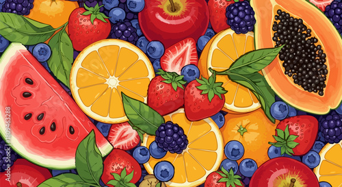 Vibrant assortment of fresh fruits creating a colorful and healthy food background