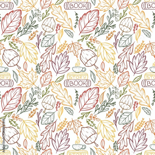 Warm and cozy autumn pattern, filled with the atmosphere of reading books under a blanket with a cup of fragrant tea among the golden leaves