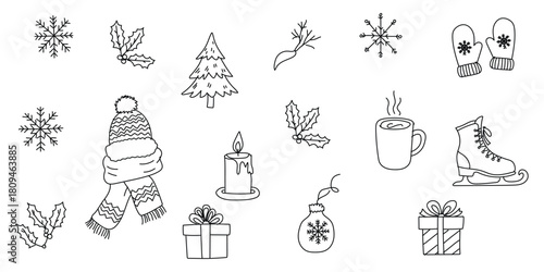 Frosty Winter Magic  hand drawing Line Art Set Featuring Seasonal Decor, Hot Drinks, Snow, and Warm Outfits