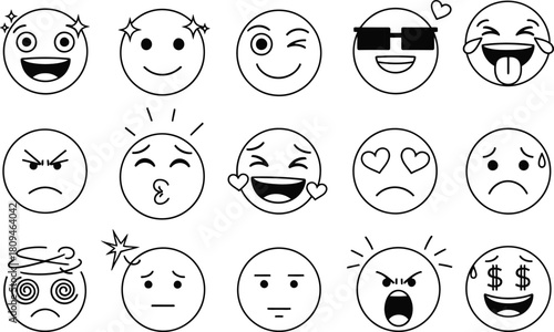 Hand drawn emoji faces expressing different emotions in black and white