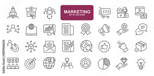 Set of line icons related to marketing. Outline icons collection