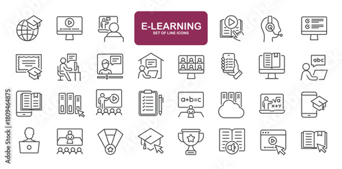 Set of line icons related to e-learning. Outline icons collection