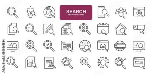 Set of line icons related to search. Outline icons collection