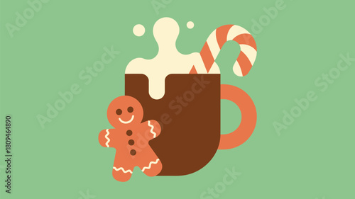 A cartoon image of a gingerbread man leaning against a mug with a candy cane on a green background
