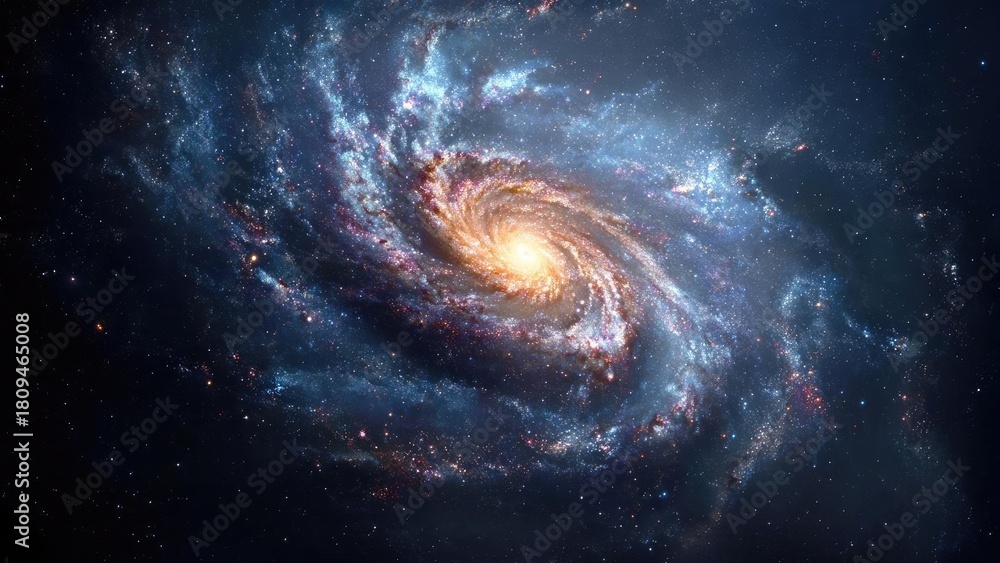 Fototapeta premium Spiral galaxy with a bright core and glowing arms, surrounded by countless stars in deep space. Concept Spiral Galaxy, Bright Core, Glowing Spiral Arms, Star-filled Deep Space, Cosmic Night Sky