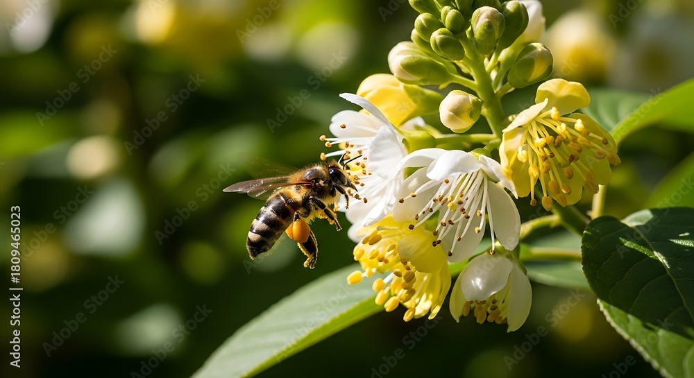 Fototapeta premium A bee collecting nectar from a white and yellow flower in the sun.