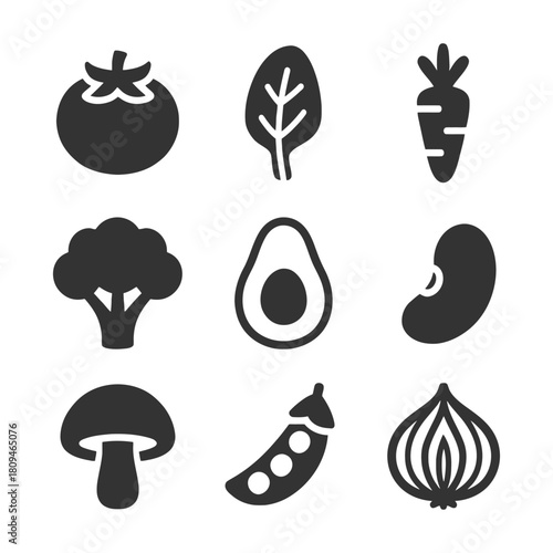Black and white vegetable icons: tomato, leaf, carrot, broccoli, avocado, bean, mushroom, peas, onion.