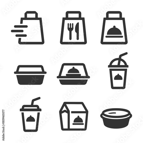 Icons of fast food packaging and takeout containers.