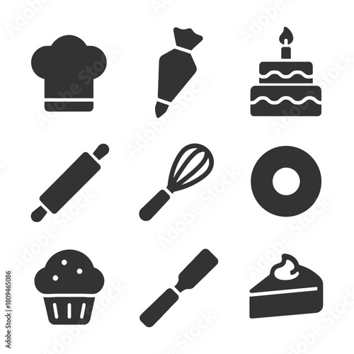 Baking elements: chef hat, piping bag, cake, rolling pin, whisk, donut, muffin, spatula, pie.