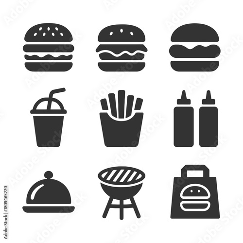 Fast food icons set: burgers, fries, drinks, bbq, and condiments.