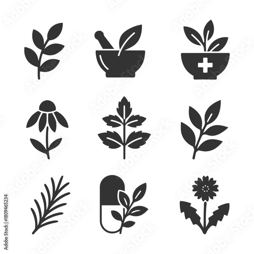 Herbal medicine icons set featuring leaves mortar pestle and capsules.