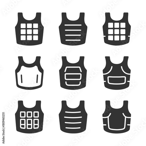Set of bulletproof vest icons in various styles and designs.