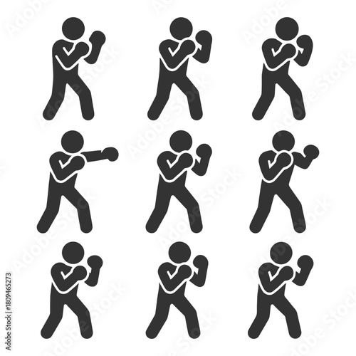 Silhouette icons of boxers in various stances and movements.