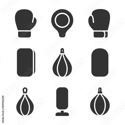 Icon set of boxing equipment including gloves and punching bags.