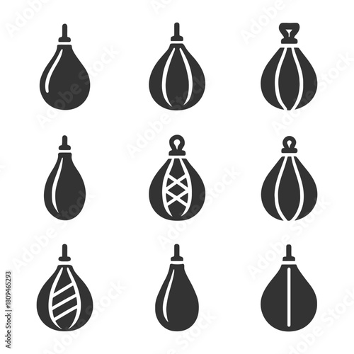 Set of nine boxing speed bags icon collection on white background.
