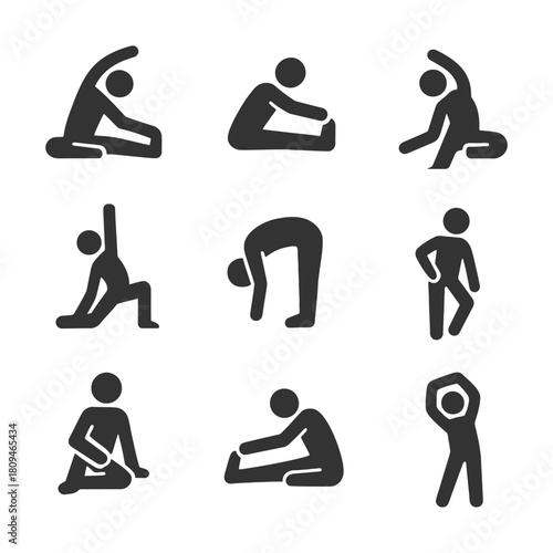 Silhouette yoga and stretching poses collection for fitness and flexibility.