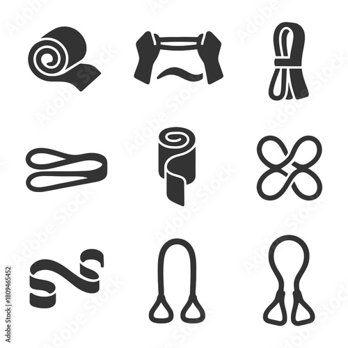 Set of fitness resistance bands icons in various designs.