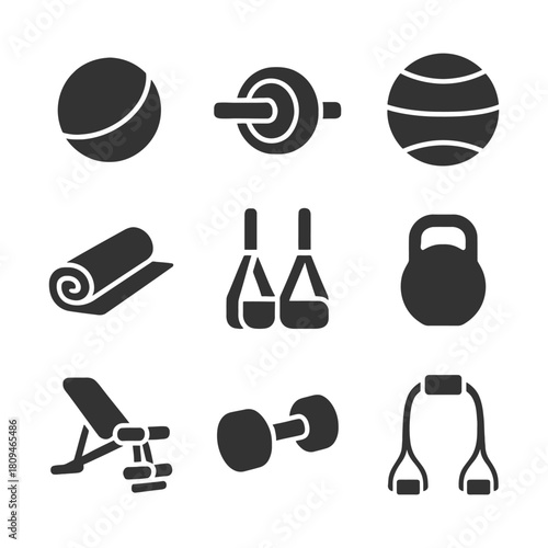 Fitness equipment icons set with weights, kettlebell, and exercise bench.