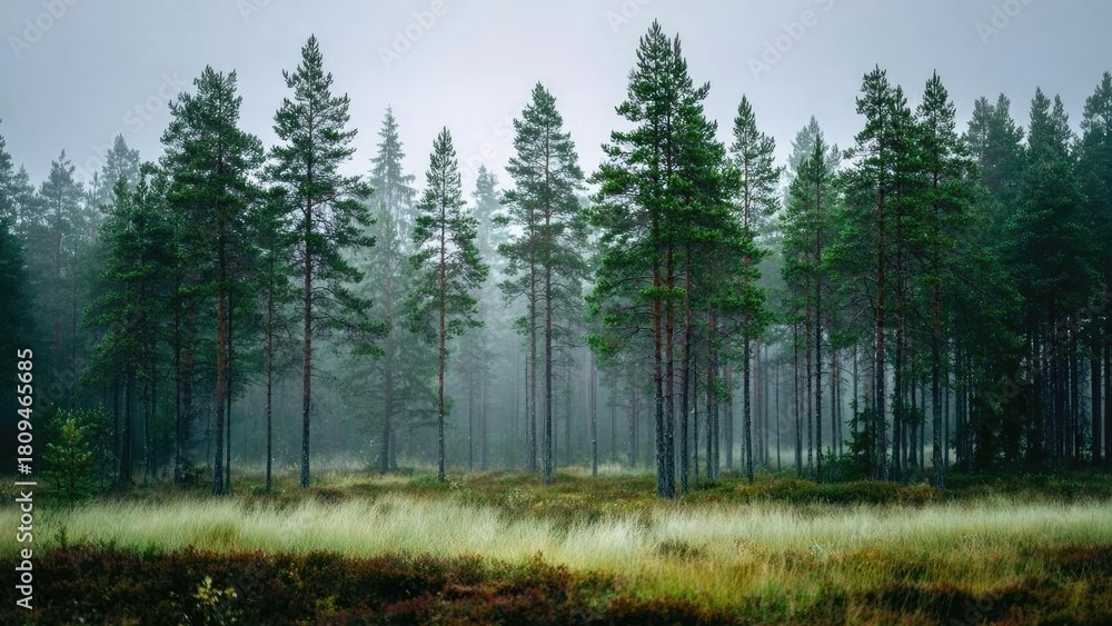 Naklejka premium Misty pine forest with tall slender trees and a grassy meadow in the foreground. Concept Misty Pine Forest, Tall Slender Trees, Grassy Meadow in Foreground, Moody Atmosphere, Tranquil Nature Scene