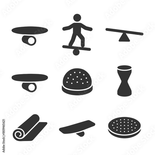 Set of balancing equipment icons: including balance boards, teeter totter, and foam roller.