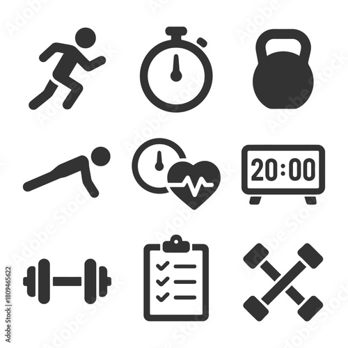 Fitness icons: running, stopwatch, kettlebell, push-up, heart rate, timer, dumbbell, checklist, crossed weights.