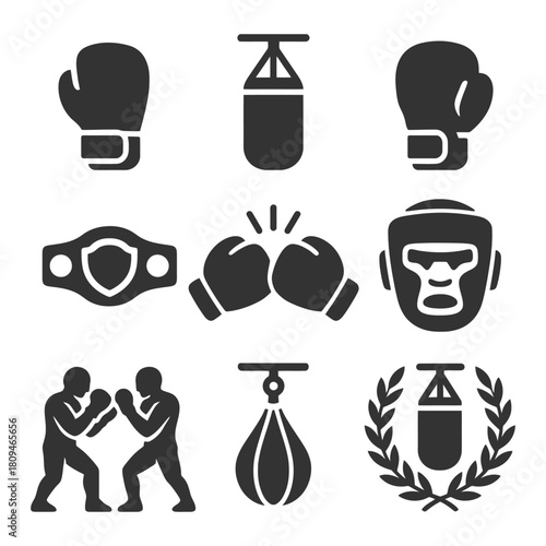 Boxing icons collection: gloves, punching bags, and fighters silhouettes.