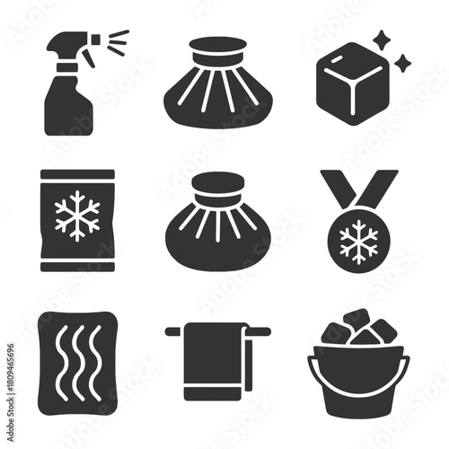 Collection of various monochrome ice and cooling icons for different uses.