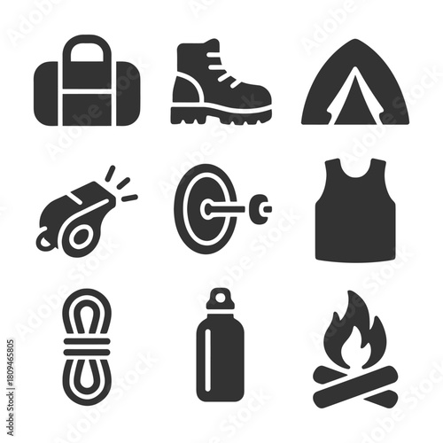 Essential camping equipment icons: tent, boot, campfire, water bottle, rope, whistle, vest, backpack, dumbbell.