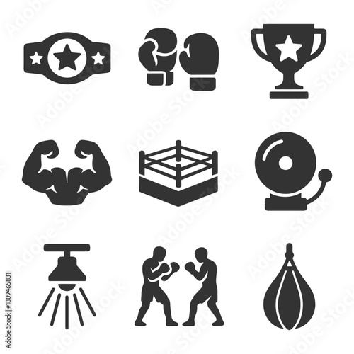 Boxing symbols set including gloves, ring, championship belt, trophy, fighters.