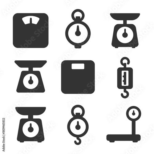 Collection of various black silhouette scales and timers in grid layout.