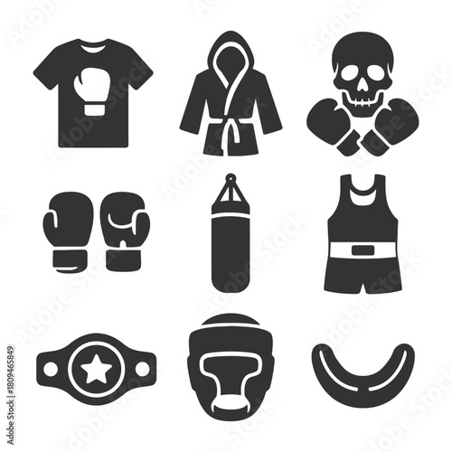 Boxing gear icons: gloves, punching bag, skull, robe, belt, headgear, mouthguard.