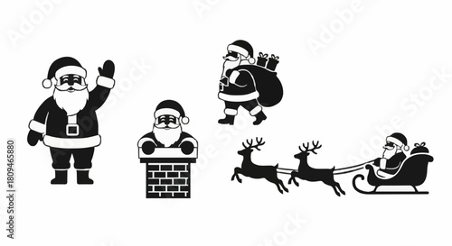Classic Santa Claus collection including waving Santa, Santa in chimney, and Santa in sleigh with reindeer