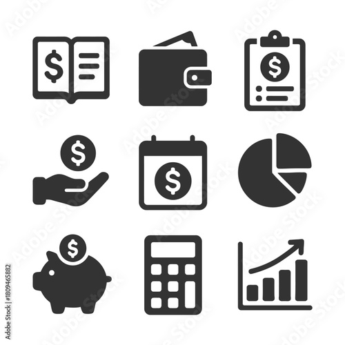 Financial icons set: wallet, calculator, chart, piggy bank, clipboard, book, calendar, hand.