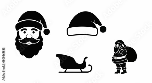 Set of black silhouette Christmas icons featuring Santa Claus face, festive hat, sleigh, and a full figure with a gift sack for holiday design