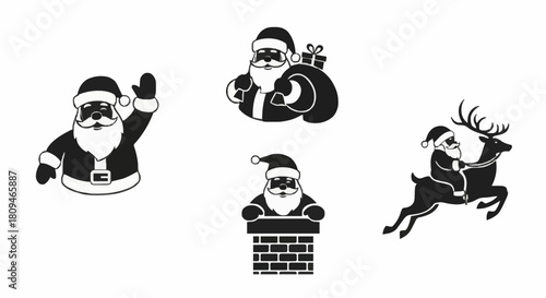 Stylized black and white Santa Claus character icons depicting diverse holiday poses for Christmas greeting cards and winter season decorations