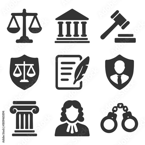 Law and justice icons: scales, court building, gavel, legal documents, handcuffs.