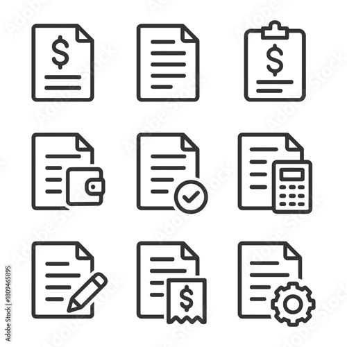 Set of financial document icons: invoice, contract, calculator, receipt.