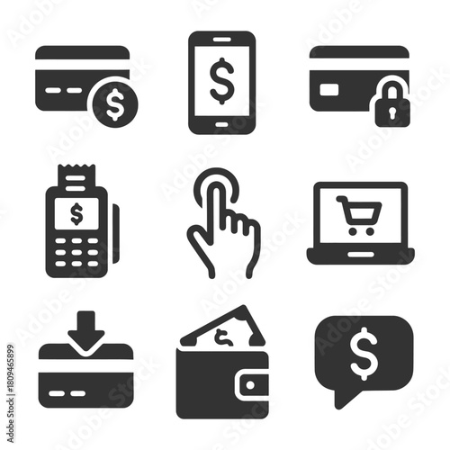 Digital payment and e-commerce icons set: card, mobile, security, and shopping.
